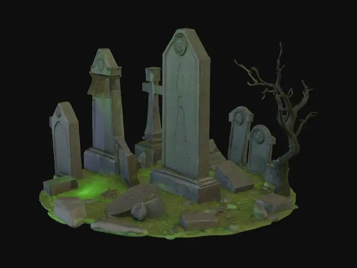 3D model for A graveyard with cracked headstones shaped like monoliths, strange fossil remains poking from sand, eerie green mist crawling on ground, carved ruins and collapsed monuments, twisted dead trees, rusted banners flapping, bone fragments scattered. Hyper-realistic detailed.