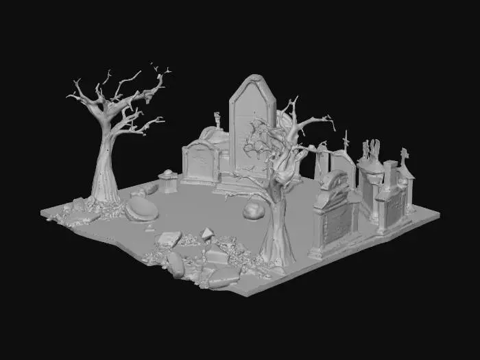 3D model for A graveyard with cracked headstones shaped like monoliths, strange fossil remains poking from sand, eerie green mist crawling on ground, carved ruins and collapsed monuments, twisted dead trees, rusted banners flapping, bone fragments scattered. Hyper-realistic detailed.