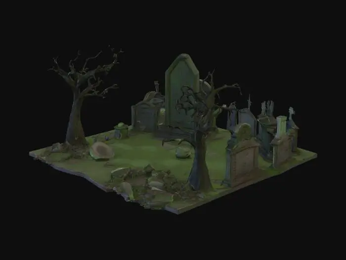 3D model for A graveyard with cracked headstones shaped like monoliths, strange fossil remains poking from sand, eerie green mist crawling on ground, carved ruins and collapsed monuments, twisted dead trees, rusted banners flapping, bone fragments scattered. Hyper-realistic detailed.