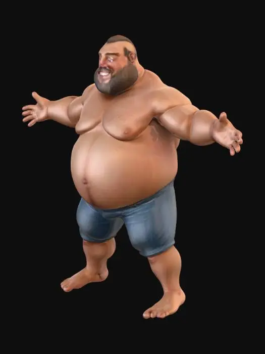 3D model for High detailed full body smiling bold weared fat man. T-pose, realistic face detailed.