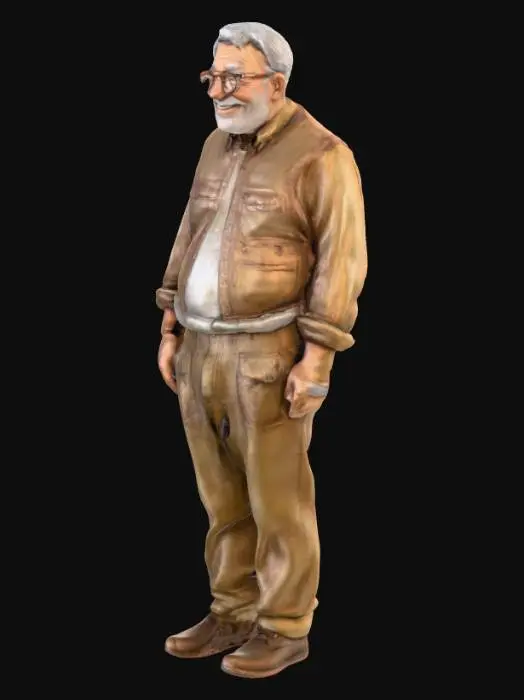 3D model for Highly detailled and realistic full body smiling old grandpa, with hair and thick glasses on eyes, hands at side, full body.