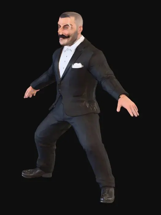 3D model for High detailed full body sneaky smiling musclar man with thick moustache and wearing well tuxedo. T-pose.