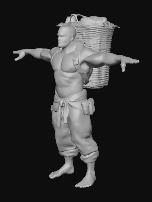 3D model for Muscular man with a basket on his back. Hyper-realistic detail, T-pose.