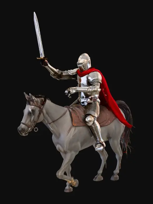 3D model for A knight wearing armour and holding a jousting sword, Charing on horseback