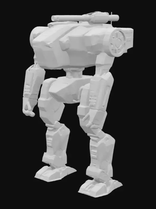 3D model for Create a medium-class mech named “Warbringer Mk.I,” weight 55 tons. Strong, angular frame with visible armor plating. Left arm has a 200 kg mount; right arm supports a heavy 1000 kg hardpoint. Left shoulder has a 400 kg mount; right shoulder features a fixed 200 kg hardpoint. Legs are reinforced with 400 kg mounts each. Torso includes a central 400 kg hardpoint, and the back carries a fixed 400 kg railgun. Two internal modules are visible. The head is compact, military-grade. Torso can fully rotate. All hardpoints should be marked visually. Mounts are empty. No weapons shown. Style is semi-realistic, technical, blueprint-inspired. Background is plain white with no ground.