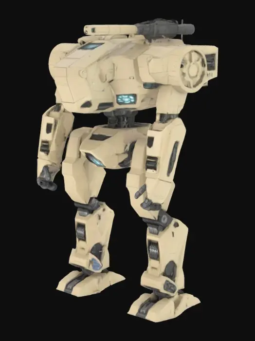 3D model for Create a medium-class mech named “Warbringer Mk.I,” weight 55 tons. Strong, angular frame with visible armor plating. Left arm has a 200 kg mount; right arm supports a heavy 1000 kg hardpoint. Left shoulder has a 400 kg mount; right shoulder features a fixed 200 kg hardpoint. Legs are reinforced with 400 kg mounts each. Torso includes a central 400 kg hardpoint, and the back carries a fixed 400 kg railgun. Two internal modules are visible. The head is compact, military-grade. Torso can fully rotate. All hardpoints should be marked visually. Mounts are empty. No weapons shown. Style is semi-realistic, technical, blueprint-inspired. Background is plain white with no ground.