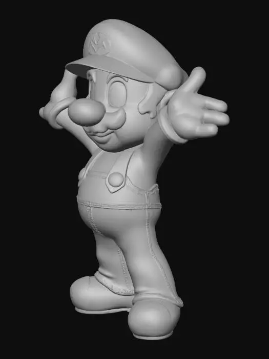 3D model for A realistically rendered Super Mario character, standing in a heroic pose with a determined expression. He wears deep indigo denim overalls with brass buttons, a vibrant red cotton shirt and cap, and white textured gloves. His thick, dark brown mustache is finely detailed, complementing his fair skin and stout, yet muscular, physique. Brown leather boots complete his iconic look.