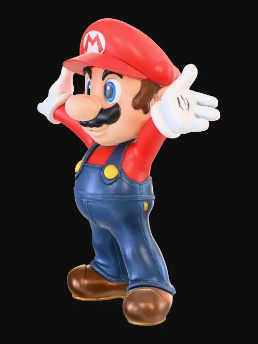3D model for A realistically rendered Super Mario character, standing in a heroic pose with a determined expression. He wears deep indigo denim overalls with brass buttons, a vibrant red cotton shirt and cap, and white textured gloves. His thick, dark brown mustache is finely detailed, complementing his fair skin and stout, yet muscular, physique. Brown leather boots complete his iconic look.