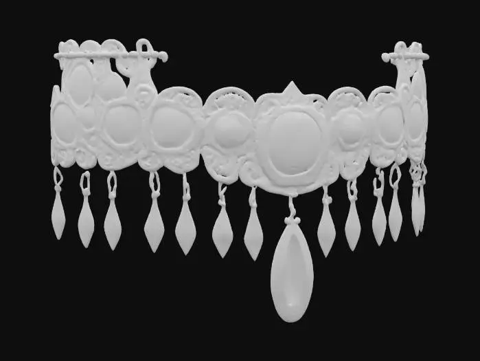 3D model for une torque avec des incrustations de pierres fines : turquoise, œil de tigre, œil de faucon, labradorite ; il y a des éléments qui y pendent ; c'est un bijou barbare, ethnique ; meilleure qualité, très haute définition, très détaillé ;