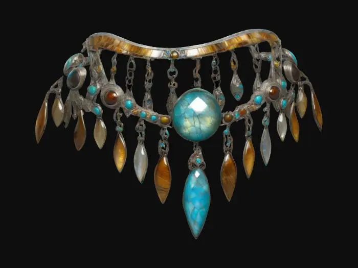 3D model for une torque avec des incrustations de pierres fines : turquoise, œil de tigre, œil de faucon, labradorite ; il y a des éléments qui y pendent ; c'est un bijou barbare, ethnique ; meilleure qualité, très haute définition, très détaillé ;