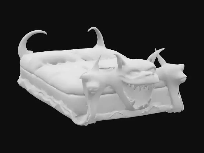3D model for un matelas infernal avec des élément contournés et des éléments de félin ; il a des couleurs d'enfer : rouge, feu, sang, noir, félin tacheté ; il y a des morceaux de métal tordus qui sortent du matelas : fer, argent ; le matelas est très métallisé et brillant ;