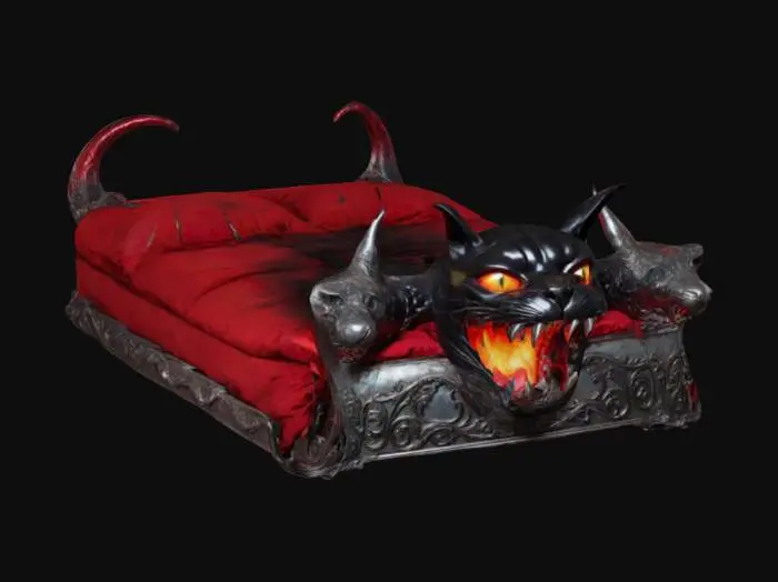 3D model for un matelas infernal avec des élément contournés et des éléments de félin ; il a des couleurs d'enfer : rouge, feu, sang, noir, félin tacheté ; il y a des morceaux de métal tordus qui sortent du matelas : fer, argent ; le matelas est très métallisé et brillant ;