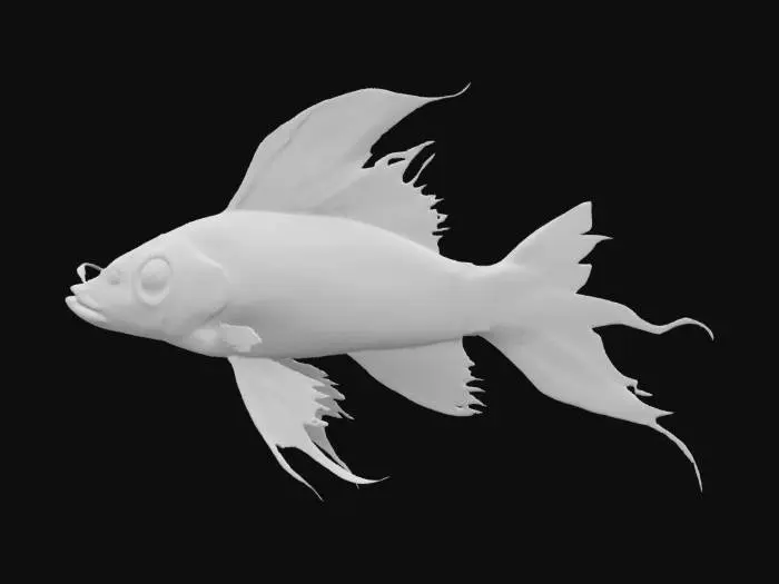3D model for un poisson QUI NAGE = non symétrique parce qu'il est en mouvement ; il est très extravagant et pas du tout réaliste ; son corps est dans une position très tordue et en mouvement, il est désarticulé et tordu ; il a de grandes nageoires et une très grosse queue ; il est exotique et fantasy ; il est très coloré de couleurs diverses : bleu, rouge, jaune, vert, or ; il a des écailles nacrées, des moirures et des irisations ; son aspect est très métallique et brillant : matière = or; argent, fer, cuivre ; il est fantasy et très extravagant et étonnant ; HDR, très haute définition, très détaillé, meilleure qualité ;