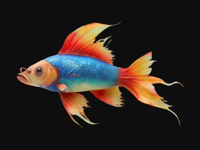 3D model for un poisson QUI NAGE = non symétrique parce qu'il est en mouvement ; il est très extravagant et pas du tout réaliste ; son corps est dans une position très tordue et en mouvement, il est désarticulé et tordu ; il a de grandes nageoires et une très grosse queue ; il est exotique et fantasy ; il est très coloré de couleurs diverses : bleu, rouge, jaune, vert, or ; il a des écailles nacrées, des moirures et des irisations ; son aspect est très métallique et brillant : matière = or; argent, fer, cuivre ; il est fantasy et très extravagant et étonnant ; HDR, très haute définition, très détaillé, meilleure qualité ;