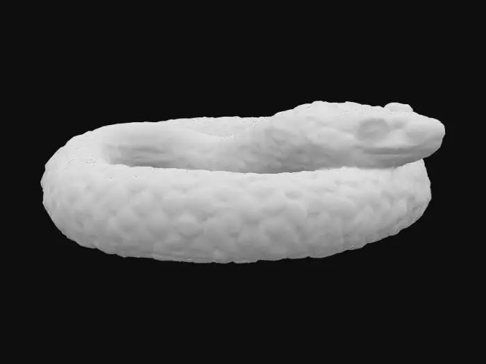 3D model for c'est un très beau bijou, un serpent. Il est en métal brillant : argent, fer. il comporte de l'ambre. Couleurs : noir, gris, quelques paillettes or. Il est brillant et son corps présente des écailles serrées = petites. Il y a du métal argent brillant. Il a des yeux lumineux de couleur ambre et des griffes de couleur ambre aussi. la couleur dominante = noir. Très haute définition, meilleure qualité, HDR, très détaillé,