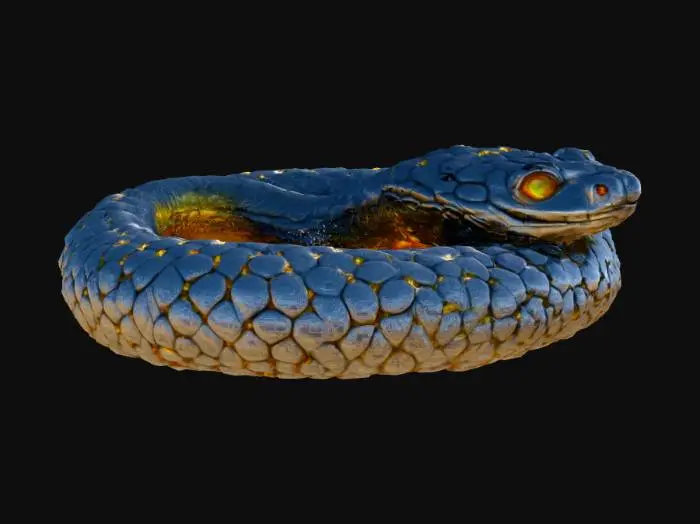 3D model for c'est un très beau bijou, un serpent. Il est en métal brillant : argent, fer. il comporte de l'ambre. Couleurs : noir, gris, quelques paillettes or. Il est brillant et son corps présente des écailles serrées = petites. Il y a du métal argent brillant. Il a des yeux lumineux de couleur ambre et des griffes de couleur ambre aussi. la couleur dominante = noir. Très haute définition, meilleure qualité, HDR, très détaillé,