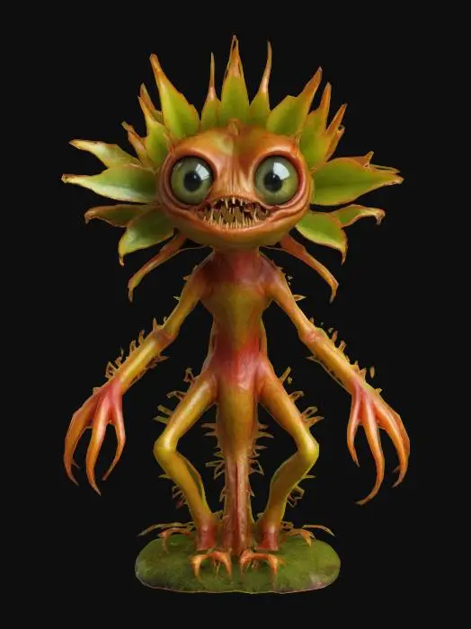 3D model for une plante carnivore alien, avec des yeux, une crête, des tiges a épines et des feuilles a griffes, sur un tronc épineux, avec des pattes a griffes, ultra détaillé, meilleure qualité ; teintes : or, vert, ambre, orange, rouge ;
