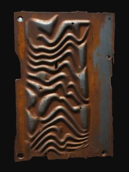 3D model for une plaque métallique verticale, en mauvais état, en fer avec des endroits marqués par la rouille, et aussi des perforations dues a la rouille ; style post apocalyptique et ruine. haute définition, meilleure qualité, réaliste,