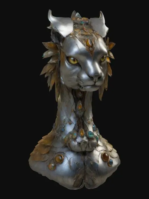 3D model for la tête animale a des yeux mordorés aux pupilles verticales ; les couleurs du corps sont : or, ambre, cyan ; la créature est d'apparence très métallique, il est très brillant et son corps a des écailles ; il y a une ou plusieurs incrustations d'ambre ou d'autres pierres fines ; meilleure qualité, très haute définition, ultra détaillé ;