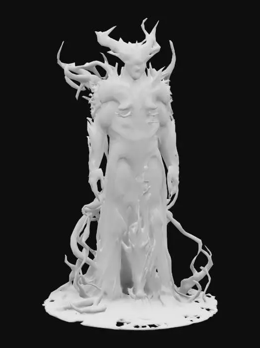 3D model for une armoire infernale avec des élément contournés et des pieds de félin ; elle a des couleurs d'enfer : rouge, feu, sang, noir, félin tacheté ; il y a des morceaux de métal tordus qui sortent de l'armoire : fer, argent ; l'armoire est très métallisée et brillante ;