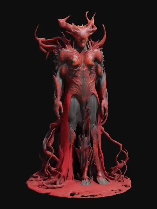 3D model for une armoire infernale avec des élément contournés et des pieds de félin ; elle a des couleurs d'enfer : rouge, feu, sang, noir, félin tacheté ; il y a des morceaux de métal tordus qui sortent de l'armoire : fer, argent ; l'armoire est très métallisée et brillante ;