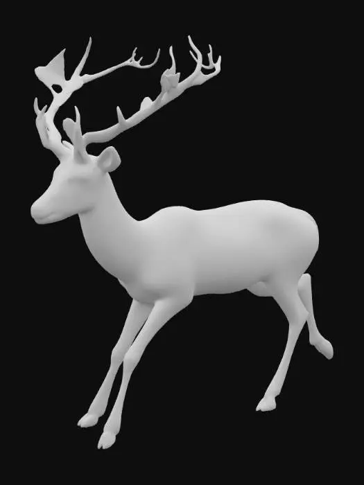 3D model for An antelope trotting gracefully, its horns transformed into tree branches covered with autumn foliage. The leaves are in shades of russet, yellow, orange, and brown, evoking the warm colors of fall. The antelope’s body is made of shiny metal, a harmonious blend of gold, silver, and iron, reflecting light with a polished, sculptural appearance. Mystical and elegant atmosphere, highly detailed, realistic yet slightly stylized.