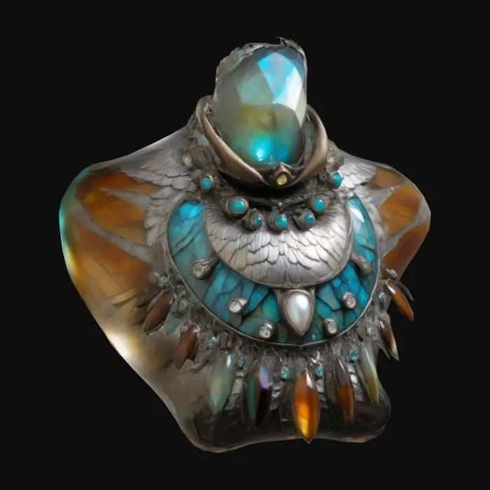 3D model for une torque avec des incrustations de pierres fines : turquoise, œil de tigre, œil de faucon, labradorite ; il y a des éléments qui y pendent ; c'est un bijou barbare, ethnique ; meilleure qualité, très haute définition, très détaillé ;