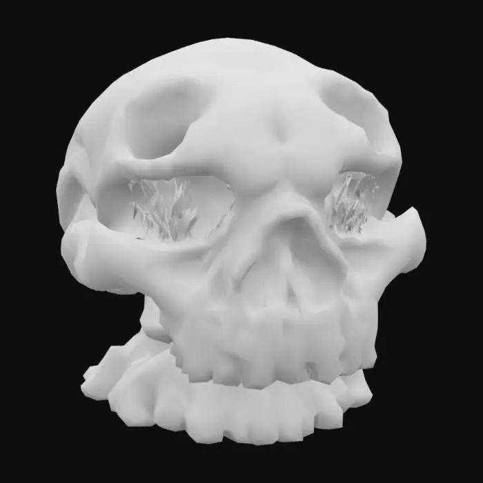 3D model for Une structure architecturale massive et organique, rappelant un champignon ou un crâne fossilisé. Elle est composée d'une matière poreuse et rugueuse, de couleur beige-brunâtre avec des nuances de gris-vert. Sa surface présente des textures granuleuses et ondulées, évoquant de la roche érodée ou du bois pétrifié. Des cavités sombres, dont deux ressemblant à des yeux et une large bouche béante, perforent sa forme irrégulière. Des protubérances sphériques et de fines aiguilles se dressent sur son sommet aplati, tandis que des supports striés descendent vers une base étagée.