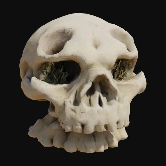 3D model for Une structure architecturale massive et organique, rappelant un champignon ou un crâne fossilisé. Elle est composée d'une matière poreuse et rugueuse, de couleur beige-brunâtre avec des nuances de gris-vert. Sa surface présente des textures granuleuses et ondulées, évoquant de la roche érodée ou du bois pétrifié. Des cavités sombres, dont deux ressemblant à des yeux et une large bouche béante, perforent sa forme irrégulière. Des protubérances sphériques et de fines aiguilles se dressent sur son sommet aplati, tandis que des supports striés descendent vers une base étagée.