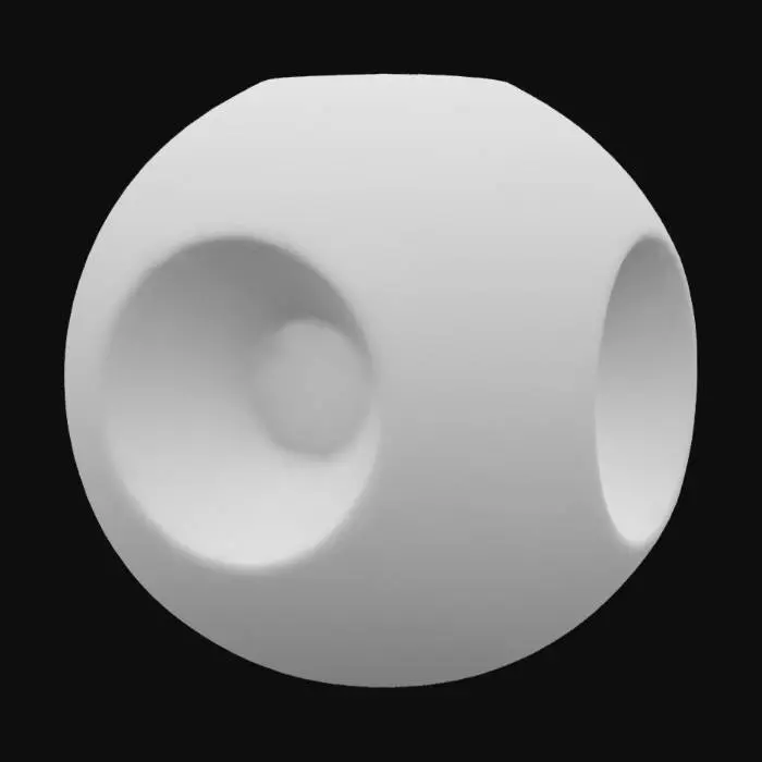 3D model for une sphère comportant 5 profonds cratères disposés de façon asymétriques et de tailles et profondeurs diverses. Couleurs : or, fer, argent, cuivre, turquoise -disposées de manière fractale. Matières : or, fer argent. Effet très métallique et brillant. Meilleure qualité, ultra détaillé, hdr, très haute définition.