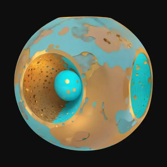 3D model for une sphère comportant 5 profonds cratères disposés de façon asymétriques et de tailles et profondeurs diverses. Couleurs : or, fer, argent, cuivre, turquoise -disposées de manière fractale. Matières : or, fer argent. Effet très métallique et brillant. Meilleure qualité, ultra détaillé, hdr, très haute définition.