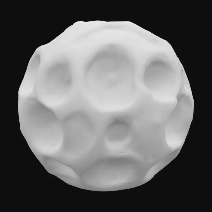 3D model for une sphère comportant 5 profonds cratères disposés de façon asymétriques et de tailles et profondeurs diverses. Couleurs : or, fer, argent, cuivre, turquoise -disposées de manière fractale. Matières : or, fer argent. Effet très métallique et brillant. Meilleure qualité, ultra détaillé, hdr, très haute définition.