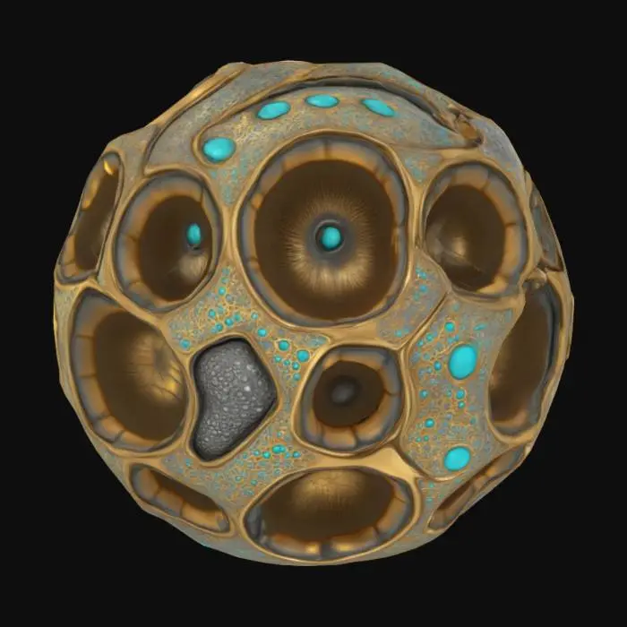 3D model for une sphère comportant 5 profonds cratères disposés de façon asymétriques et de tailles et profondeurs diverses. Couleurs : or, fer, argent, cuivre, turquoise -disposées de manière fractale. Matières : or, fer argent. Effet très métallique et brillant. Meilleure qualité, ultra détaillé, hdr, très haute définition.