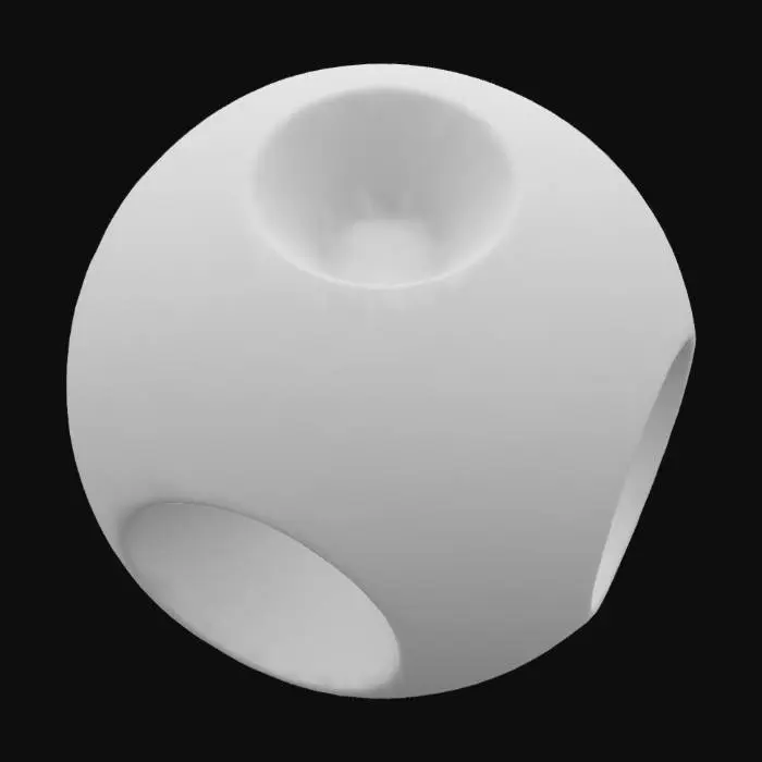 3D model for une sphère comportant 5 profonds cratères disposés de façon asymétriques et de tailles et profondeurs diverses. Couleurs : or, fer, argent, cuivre, turquoise -disposées de manière fractale. Matières : or, fer argent. Effet très métallique et brillant. Meilleure qualité, ultra détaillé, hdr, très haute définition.