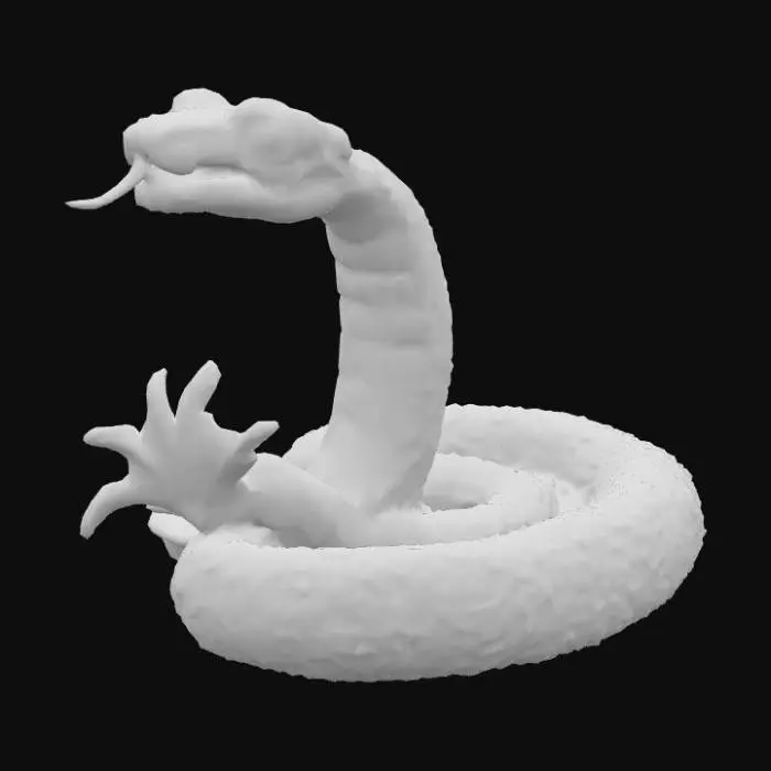 3D model for c'est un très beau bijou, un serpent. Il est en métal brillant : argent, fer. il comporte de l'ambre. Couleurs : noir, gris, quelques paillettes or. Il est brillant et son corps présente des écailles serrées = petites. Il y a du métal argent brillant. Il a des yeux lumineux de couleur ambre et des griffes de couleur ambre aussi. la couleur dominante = noir. Très haute définition, meilleure qualité, HDR, très détaillé,