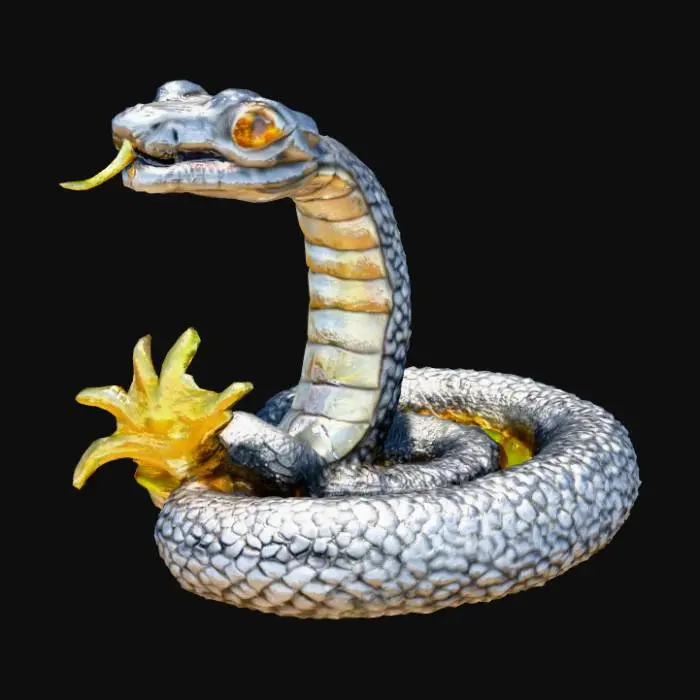 3D model for c'est un très beau bijou, un serpent. Il est en métal brillant : argent, fer. il comporte de l'ambre. Couleurs : noir, gris, quelques paillettes or. Il est brillant et son corps présente des écailles serrées = petites. Il y a du métal argent brillant. Il a des yeux lumineux de couleur ambre et des griffes de couleur ambre aussi. la couleur dominante = noir. Très haute définition, meilleure qualité, HDR, très détaillé,