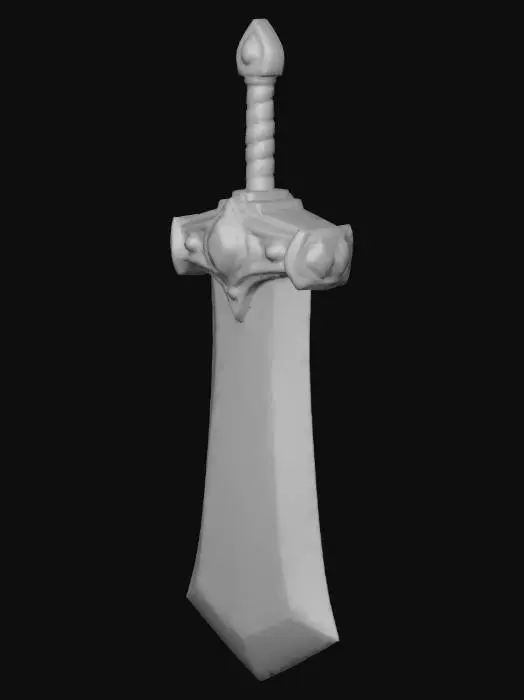 3D model for Uma espada lendária monumental, com uma lâmina de formato *greatsword* colossal e impressionante, reminiscente das lâminas brutais de Monster Hunter. A lâmina maciça, de aço escuro e pesado, possui bordas amplas e uma silhueta dramática que se alarga na ponta, exalando força primordial. Um relâmpago estilizado e cintilante percorre a superfície da lâmina em padrões fractais, emitindo uma luz azul-elétrica pulsante. Grandes gemas de obsidiana polida e safira lapidada estão incrustadas na guarda e na base da lâmina, brilhando com um fulgor misterioso e intenso, realçando a textura áspera e desgastada do metal.
