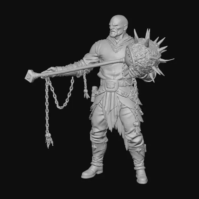 3D model for Um mangual de guerra ameaçador com uma corrente de elos escuros e pesados, de textura áspera. A cabeça é um globo gnarled de matéria orgânica escura e retorcida, densamente coberta por espinhos pontiagudos de osso polido. Do seu interior, emana uma energia verde brilhante e pulsante, iluminando as fendas e contornos. Um líquido roxo escuro, denso e viscoso, escorre lentamente pela superfície, criando uma sensação tátil de putrefação e perigo. Com fundo transparente