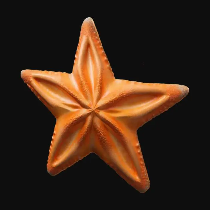 3D model for The object is a five-pointed star-shaped sea creature with a symmetrical, radial geometry featuring a textured, bumpy surface in a warm orange hue., Cara Delevingne head portrait, ultra realiste
