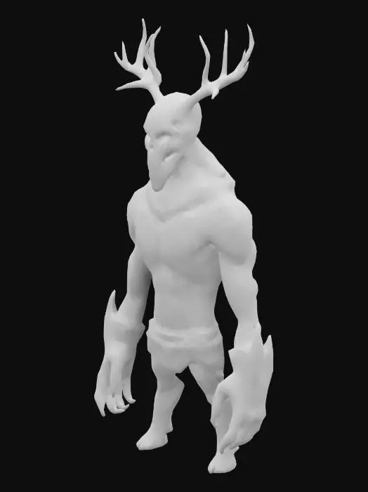3D model for Dark fantasy model of an udead warrior. He has bones exposed. He has deer antlers on his head. He wear a golden mask on his face. Stylazed. Fantasy. Medieval. Dark. Hightly Detailed. Ultra realistic. A-pose