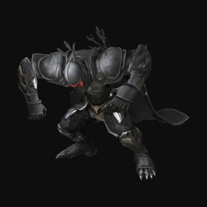 3D model for A humanoid dark knight in a beast-like crouching pose, inspired by Guts in Berserk beast mode. He crouches low with one hand touching the ground like a predator, legs bent, back arched. He wears ancient black armor with silver engravings, battle-worn and scratched. Several arrows are stuck in his back. His cracked helmet reveals one glowing red anime-style eye. Strong, bulky silhouette, stylized but realistic textures. High-detail 3D mesh, designed for a dark fantasy survival game, animation-ready.