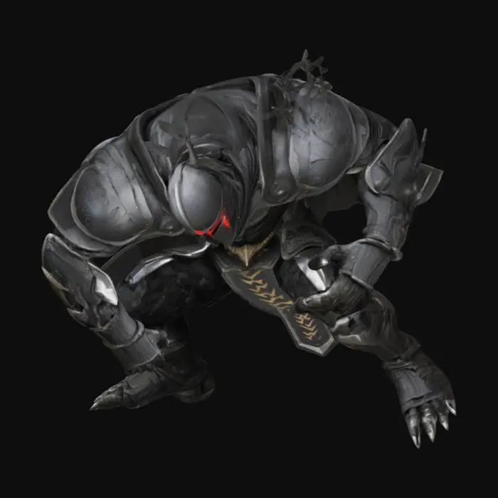 3D model for A humanoid dark knight in a beast-like crouching pose, inspired by Guts in Berserk beast mode. He crouches low with one hand touching the ground like a predator, legs bent, back arched. He wears ancient black armor with silver engravings, battle-worn and scratched. Several arrows are stuck in his back. His cracked helmet reveals one glowing red anime-style eye. Strong, bulky silhouette, stylized but realistic textures. High-detail 3D mesh, designed for a dark fantasy survival game, animation-ready.