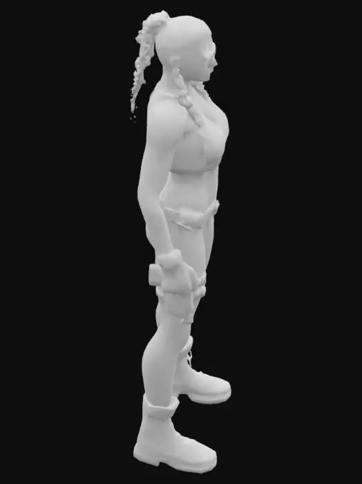 3D model for "A hyper-realistic 3D render of a muscular, athletic woman standing confidently in a power pose. She has defined abs, toned arms, and an hourglass figure. She's wearing a black tactical crop top, combat leggings, fingerless gloves, and boots. Her hair is in a long braid, with black face paint, sunglasses, and a cyberpunk earpiece. A minimalist tattoo runs down her arm. The background is a smoky futuristic battlefield at dusk with neon lights and cinematic lighting."

