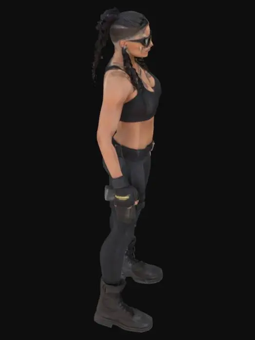 3D model for "A hyper-realistic 3D render of a muscular, athletic woman standing confidently in a power pose. She has defined abs, toned arms, and an hourglass figure. She's wearing a black tactical crop top, combat leggings, fingerless gloves, and boots. Her hair is in a long braid, with black face paint, sunglasses, and a cyberpunk earpiece. A minimalist tattoo runs down her arm. The background is a smoky futuristic battlefield at dusk with neon lights and cinematic lighting."

