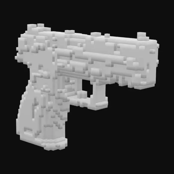 3D model for A hyper-realistic 3D render of a powerful, deadly handgun with a classic-meets-modern design. The body is made of dark matte steel with sharp edges, fine engravings, and glowing red lines etched along the barrel. It has a heavy frame, thick barrel, and a wooden grip with brass screws and detailed textures. Cold blue lighting shines from the left and warm orange from the right, casting dramatic shadows and cinematic highlights. The gun is placed on a scratched metal surface with subtle fog and floating embers, giving it a legendary, battle-worn appearance. Ultra-detailed, concept art quality.