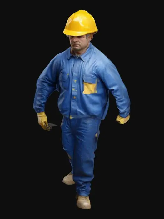 3D model for Create a realistic construction worker wearing a blue coverall and a yellow safety helmet. The worker should have realistic proportions and a lifelike appearance, with visible details like wrinkles in the fabric and dirt stains. The posture should be natural, reflecting a hardworking, everyday worker on a construction site