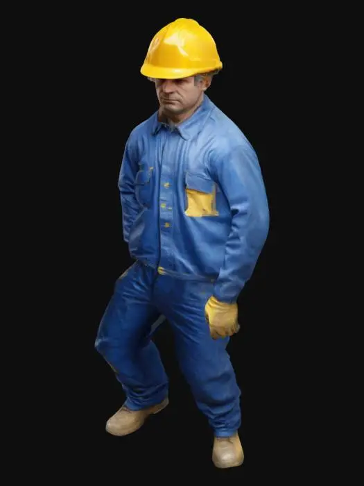 3D model for Create a realistic construction worker wearing a blue coverall and a yellow safety helmet. The worker should have realistic proportions and a lifelike appearance, with visible details like wrinkles in the fabric and dirt stains. The posture should be natural, reflecting a hardworking, everyday worker on a construction site