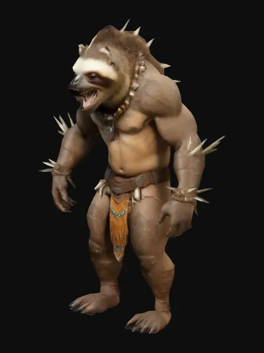 3D model for Ultra-realistic, high-poly humanoid sloth warrior in T-pose. Muscular, slightly hunched, digitigrade legs, clawed hands, sharp teeth. Fur: yellowish-brown, rugged, battle-worn. Snarling muzzle, glowing predatory eyes, spiked leather bracers, bone-adorned loincloth, tribal scars. Beaded necklace, savage, warlike aesthetic. Every texture detailed on the polygonal mesh.