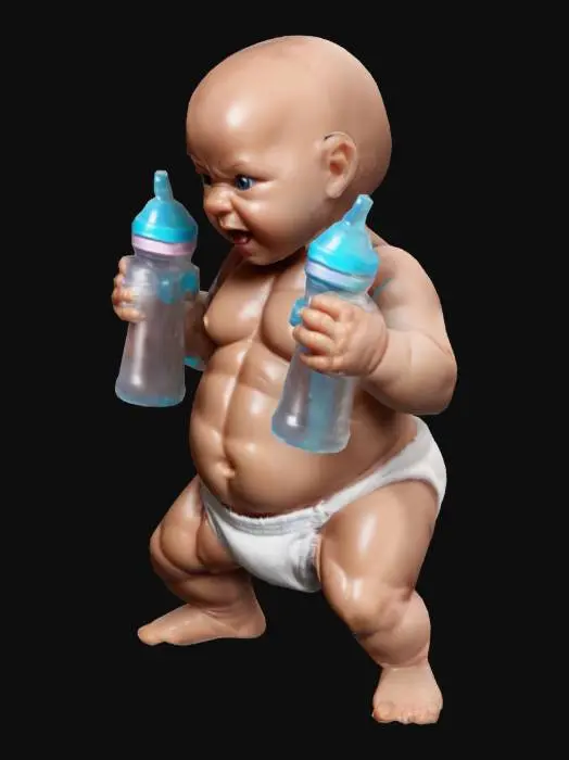 3D model for newborn baby, adult body muscular and well defined, weaponised with two babybottle and diaper #game figure#
