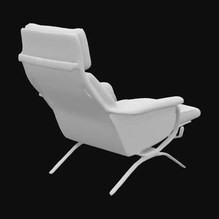 3D model for Design a modern, luxurious recliner chair with ergonomic features. The chair should have sleek, minimalist lines, upholstered in soft, deep navy blue leather. The frame is polished metal with curved edges, and the legs are brushed gold. The backrest should be adjustable, providing maximum comfort. The seat cushion is plush and supportive, with a small, elegant pillow. The overall style is contemporary, perfect for a modern living room or office.